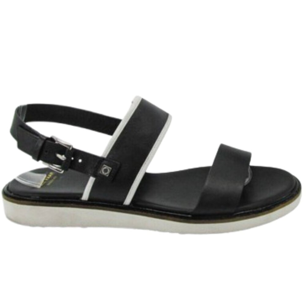 Cole Haan Black Leather Two Band Slingback Flat Sandals Contrast White Trim, 8.5 - Picture 2 of 9